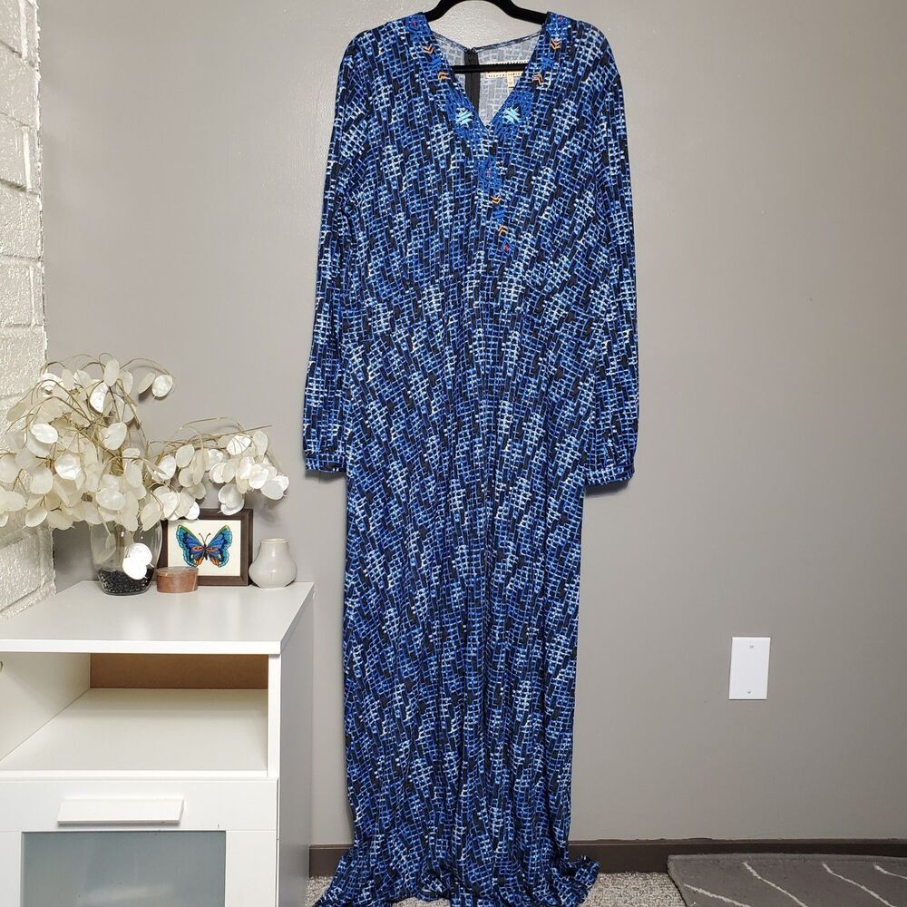Sheryl Crow Maxi Dress Womens Size 1X Blue Knit Embroidered Long Sleeve New